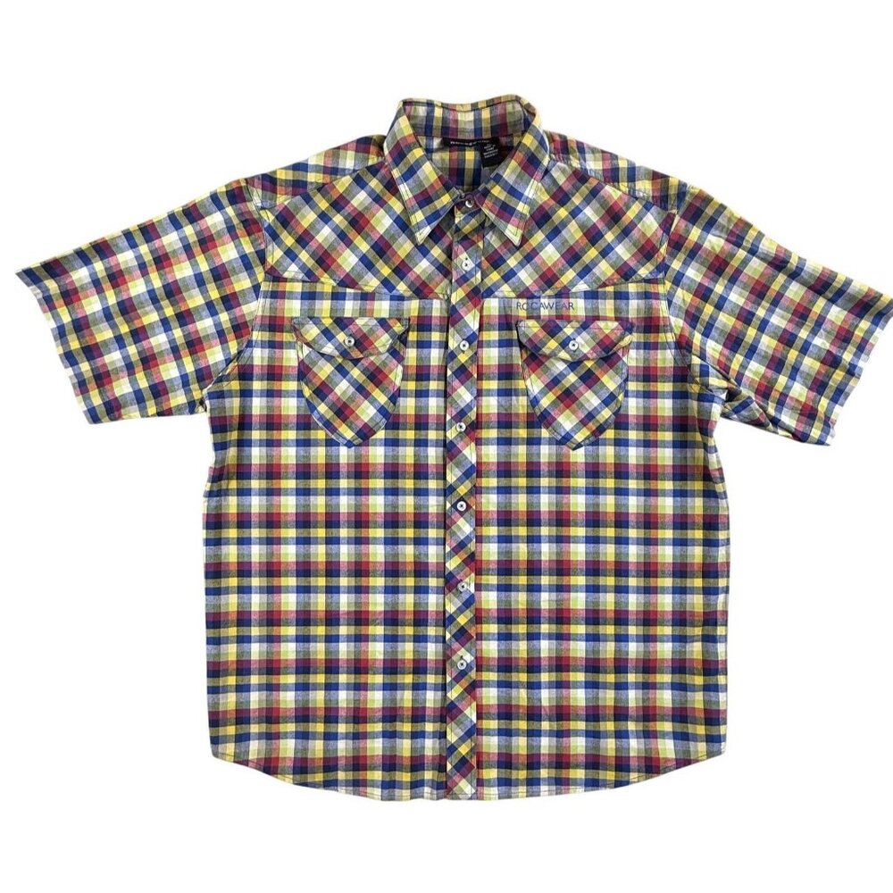 Rocawear Shirt Men XL Blue Red Plaid Short Sleeve Button Up Pockets Y2K Grunge